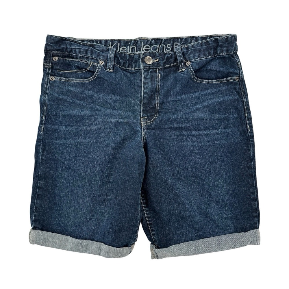 Calvin Klein Shorts‎ Womens 29 Blue Cuffed Stretch Denim Bermuda Y2K 8" Cuffed